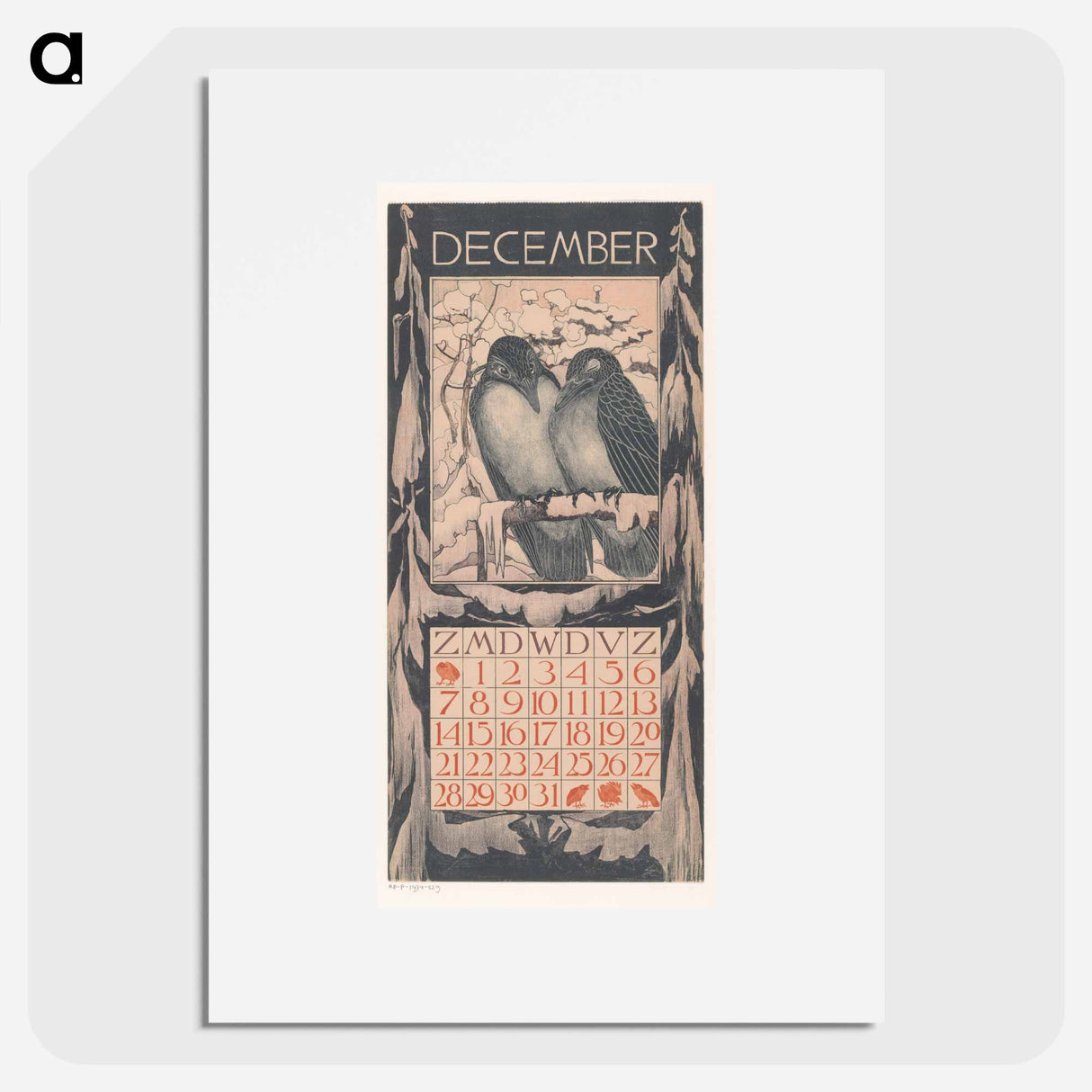 Kalenderblad december met twee vogels - Theo van Hoytema Poster.