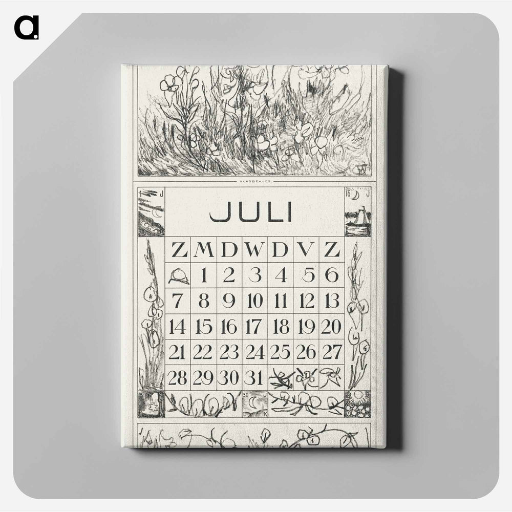 July Calendar with flowers - Theo van Hoytema Canvas.