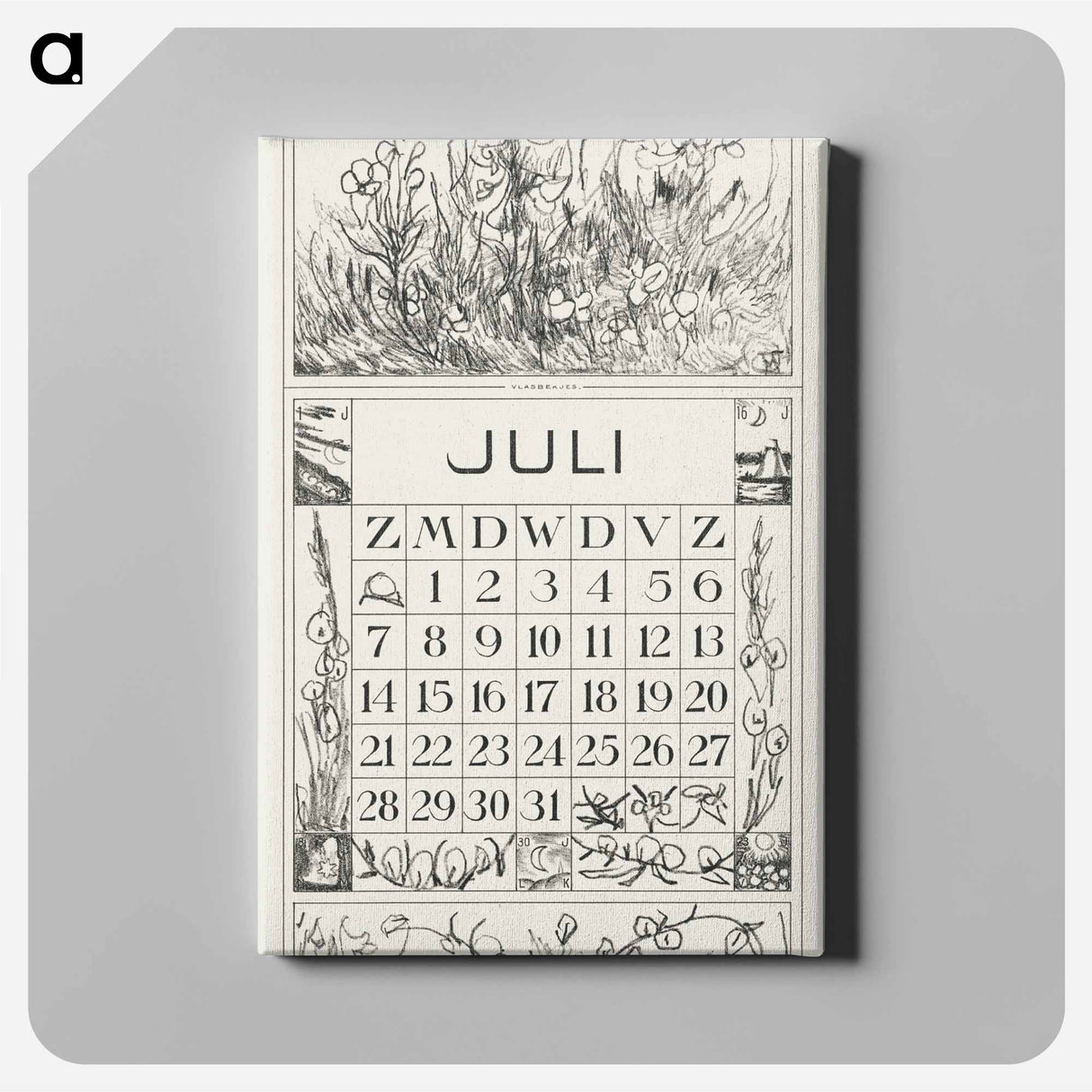 July Calendar with flowers - Theo van Hoytema Canvas.