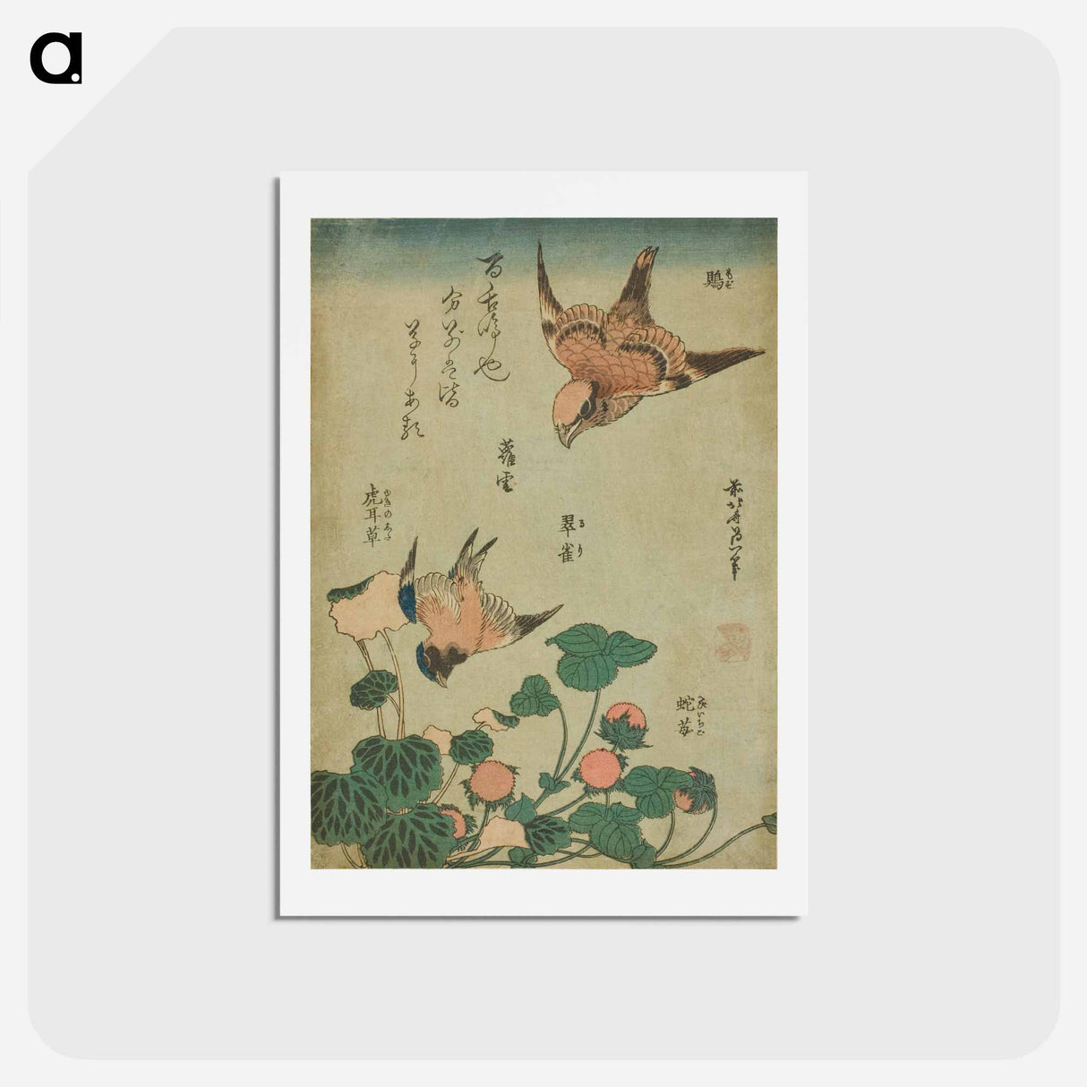 アートポストカード-Hokusai's Swallow and begonia and strawberry pie - 葛飾 北斎 Postcard.
