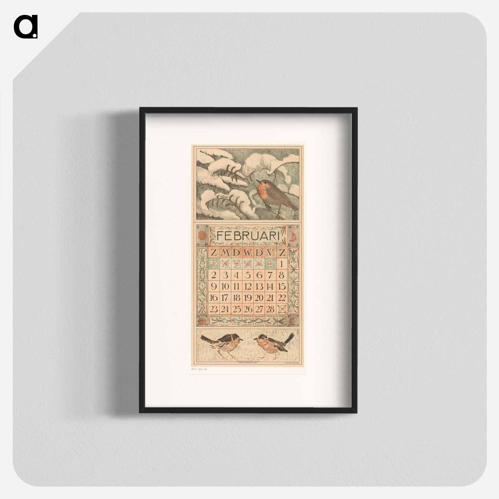 Calendar February with red roses - Theo van Hoytema Poster.