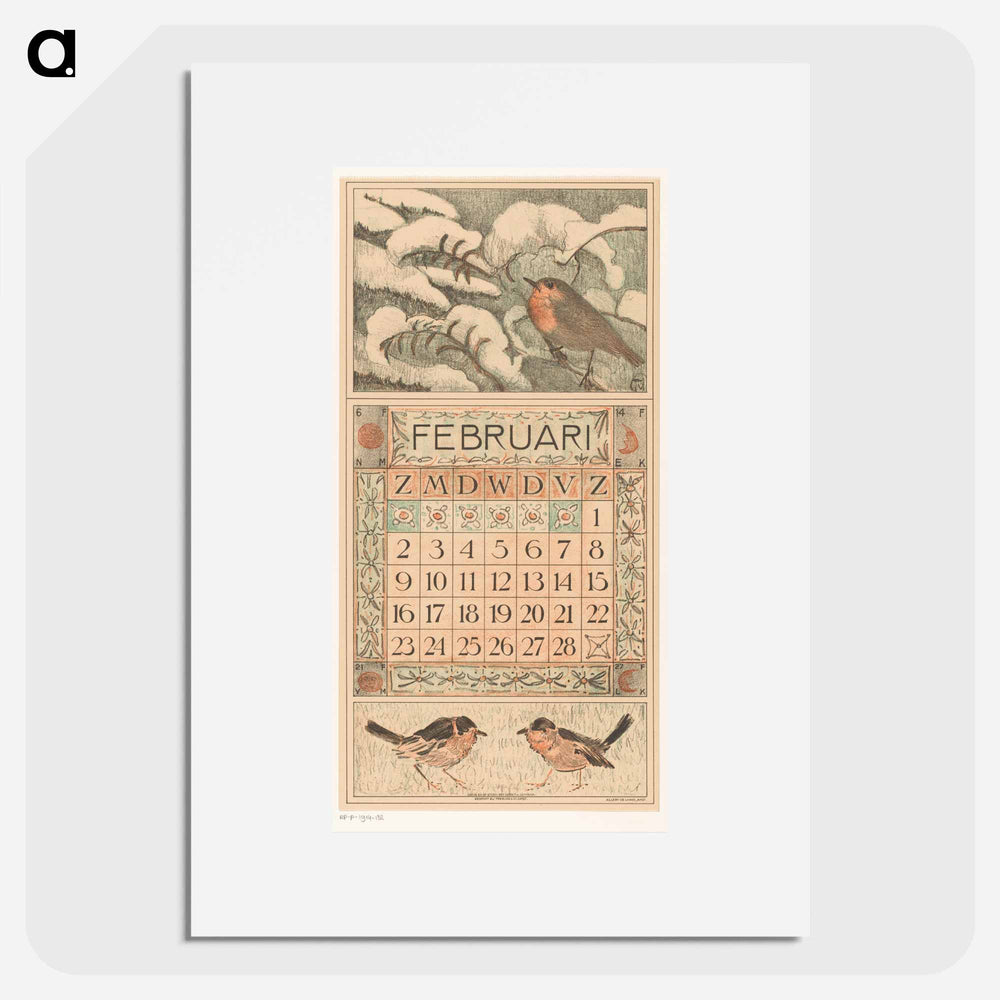 Calendar February with red roses - Theo van Hoytema Poster.