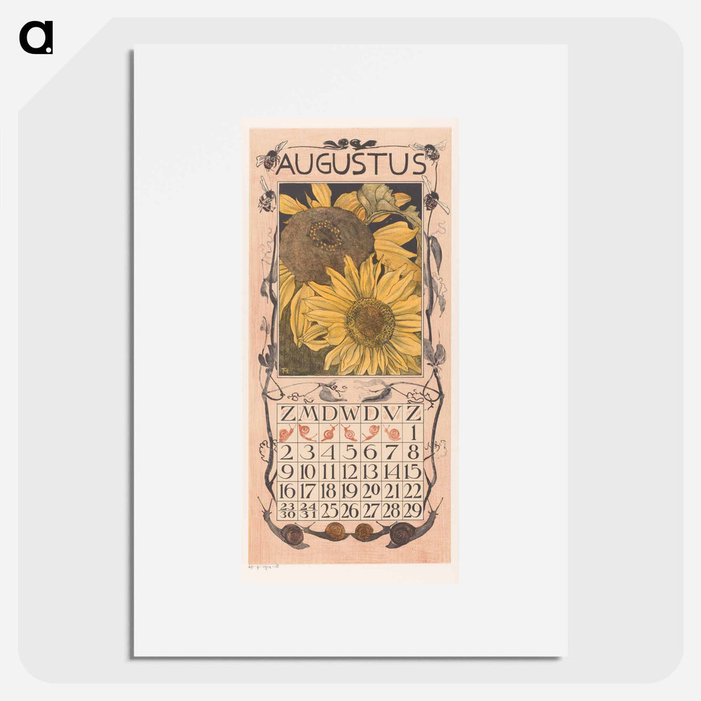Calendar August with zonnebloemen - Theo van Hoytema Poster.