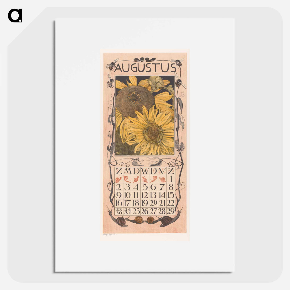 Calendar August with zonnebloemen - Theo van Hoytema Poster.
