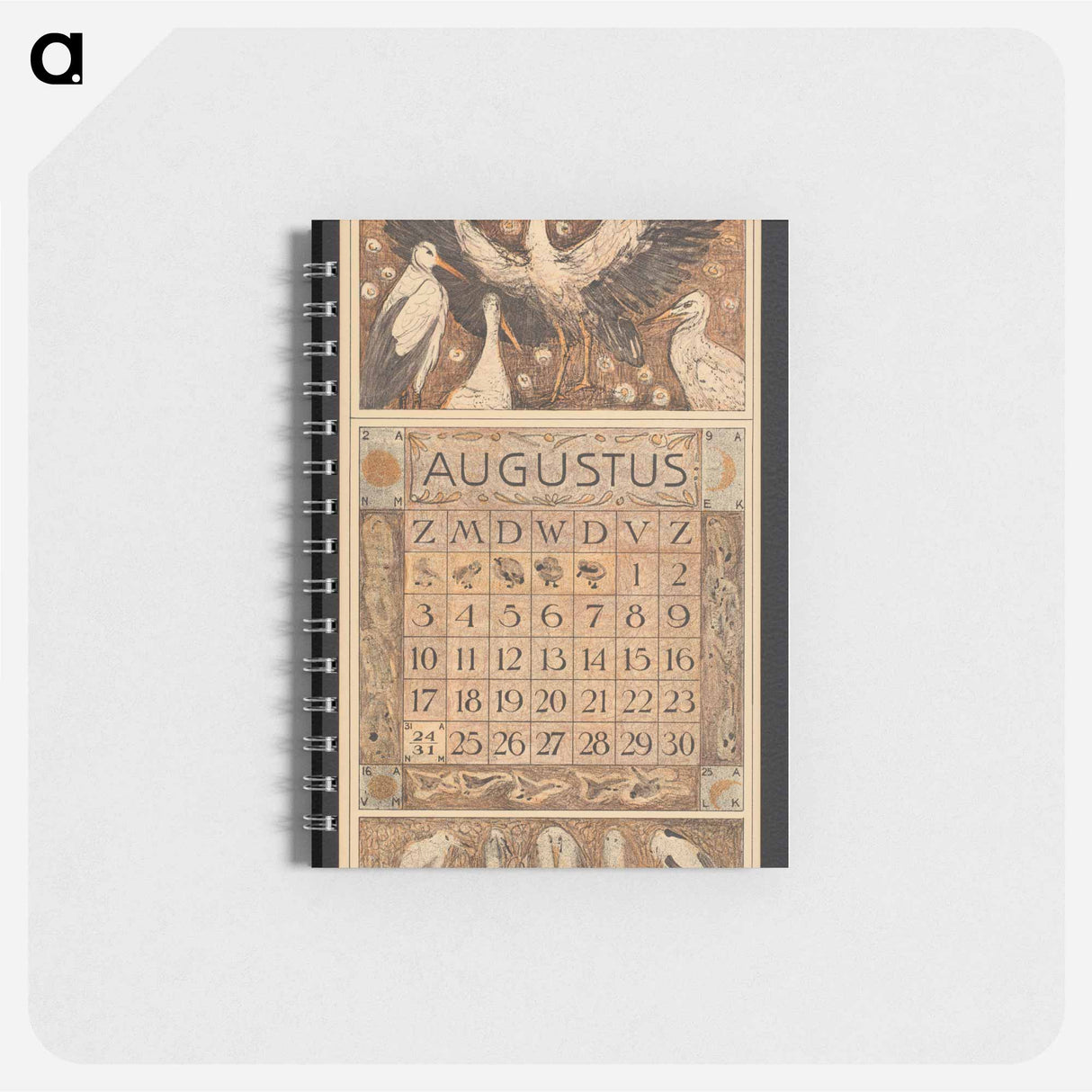 Kalenderblad voor augustus 1913 met ooievaars - テオ ヴァン ホイテマ Memo.