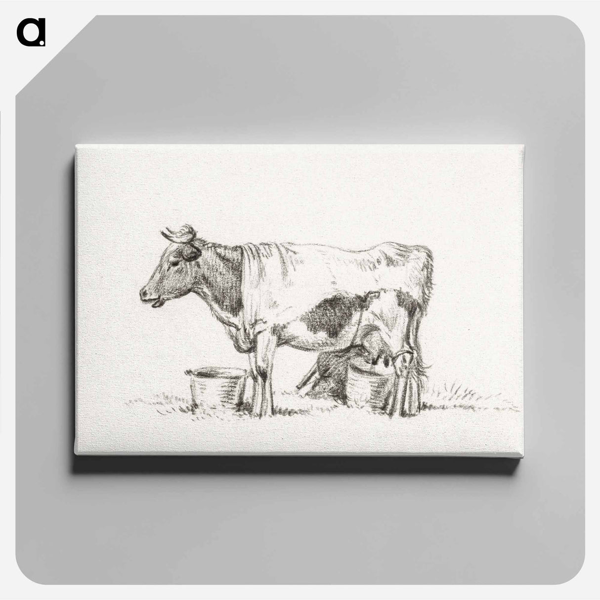 アートパネル-Standing cow, with milk bucket and milk stool - ジャン ベルナール Canvas.