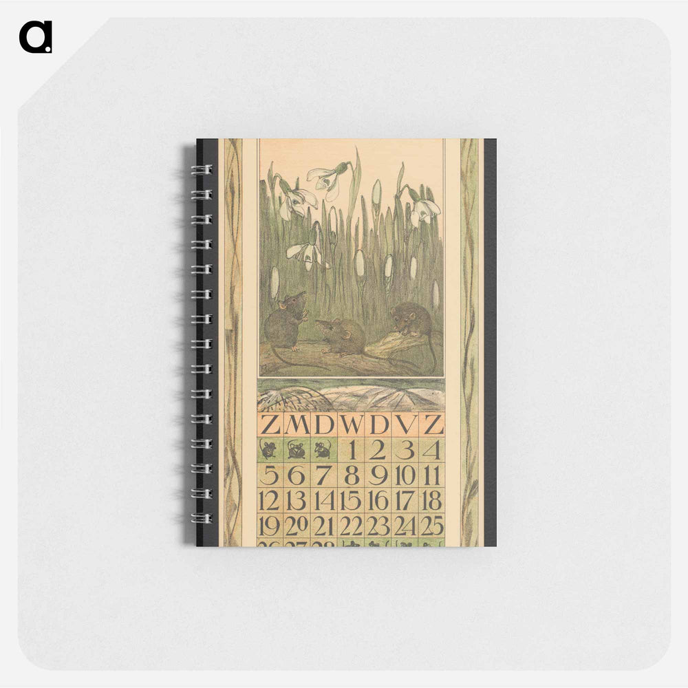 Kalenderblad voor februari met muizen en sneeuwklokjes by Theo van Hoytema - テオ ヴァン ホイテマ Memo.