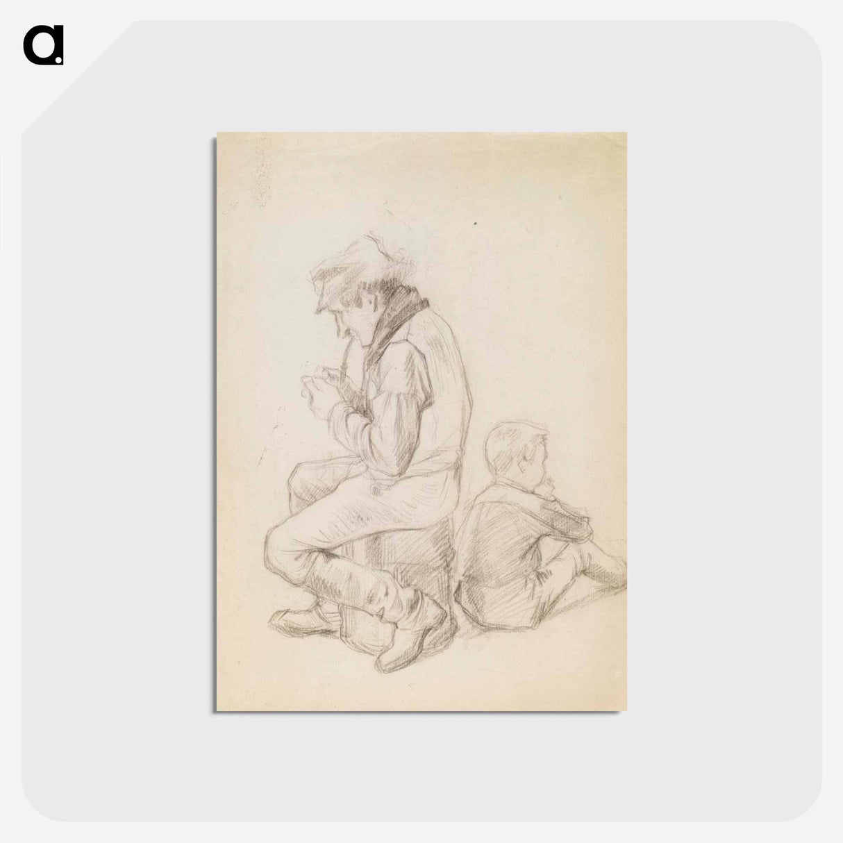 Ukko joka sytyttää piippunsa ja istuva poika - アルバート エーデルフェルト Postcard.