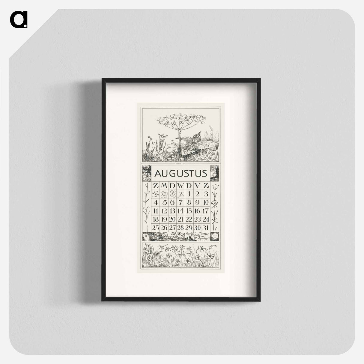 August Calendar with Leuwerik and Bloem - Theo van Hoytema Poster.