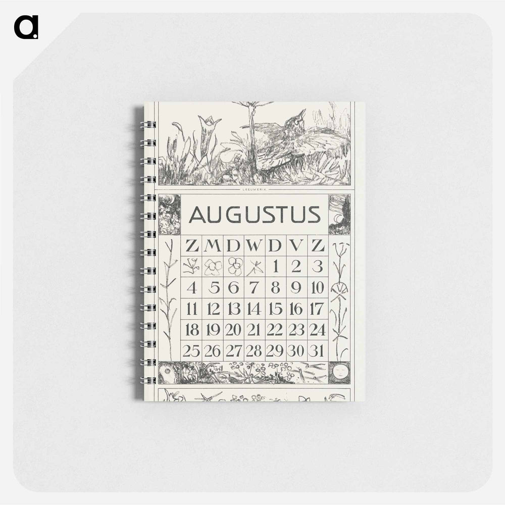 Kalenderblad augustus met leeuwerik en bloem - テオ ヴァン ホイテマ Memo.