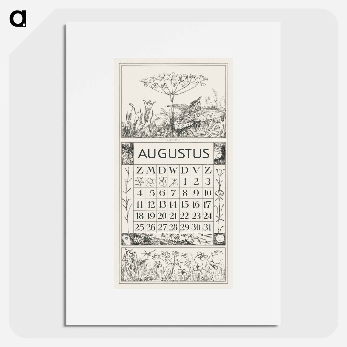 August Calendar with Leuwerik and Bloem - Theo van Hoytema Poster.