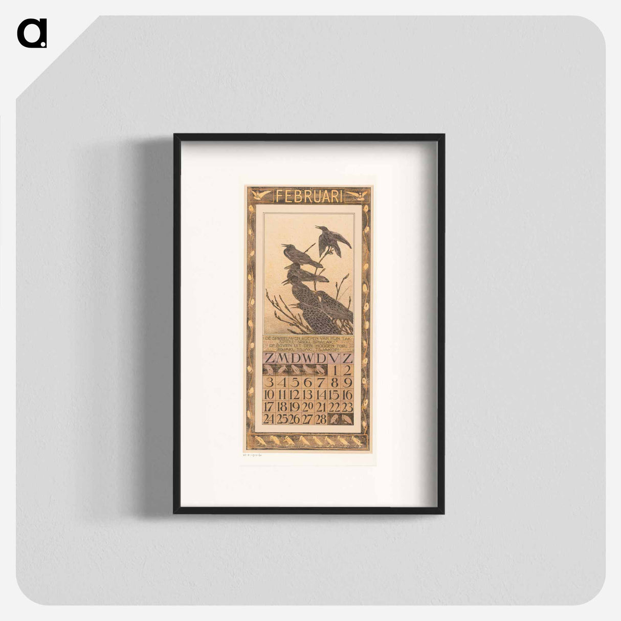 Calendar February with spreeuwen - Theo van Hoytema Poster.