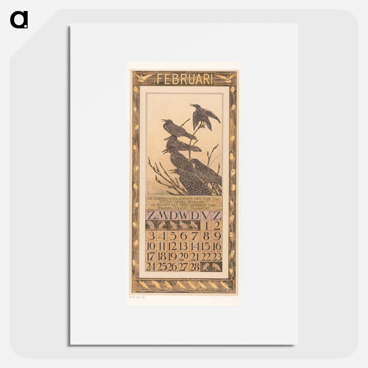 Calendar February with spreeuwen - Theo van Hoytema Poster.