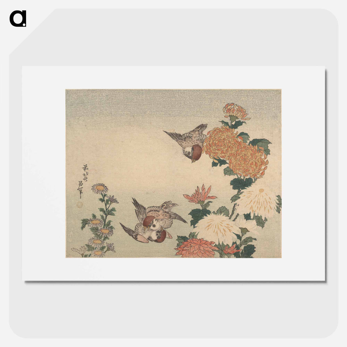 アートポスター-Sparrows and Chrysanthemums - 葛飾 北斎 Poster.