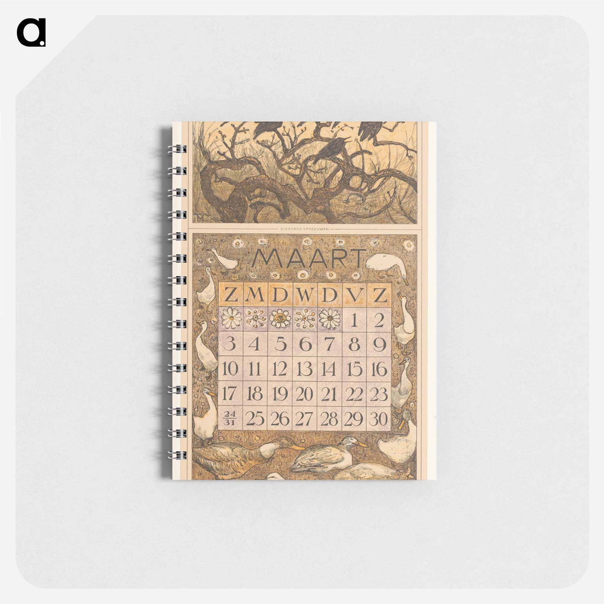 Kalenderblad maart met spreeuwen en eenden - テオ ヴァン ホイテマ Memo.