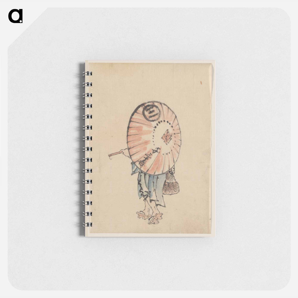 A person walking to the left, mostly obscured by an open parasol carried over the shoulder, wearing kimono and geta, and carrying a bag in right hand by Katsushika Hokusai - 葛飾 北斎 Memo.