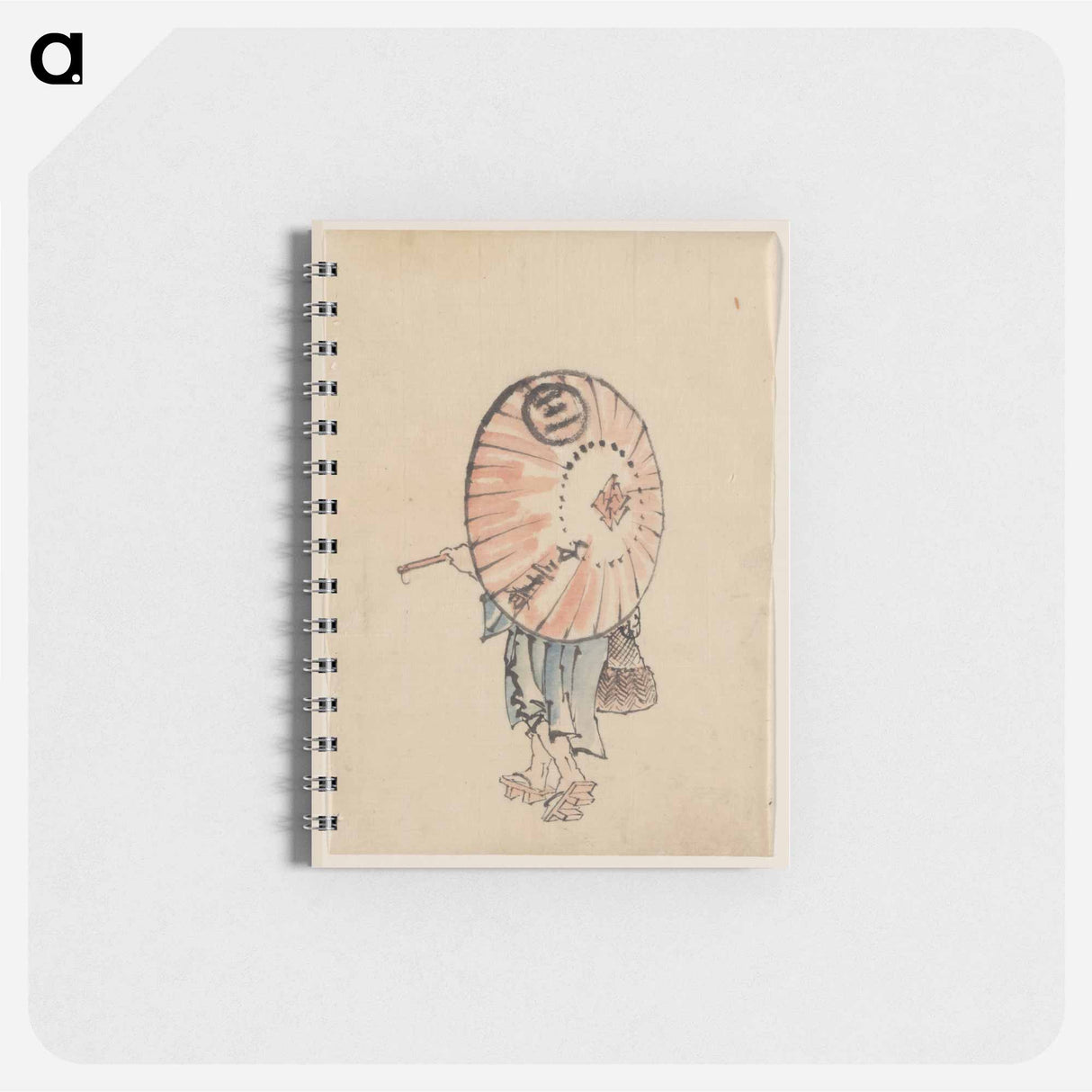 A person walking to the left, mostly obscured by an open parasol carried over the shoulder, wearing kimono and geta, and carrying a bag in right hand by Katsushika Hokusai - 葛飾 北斎 Memo.