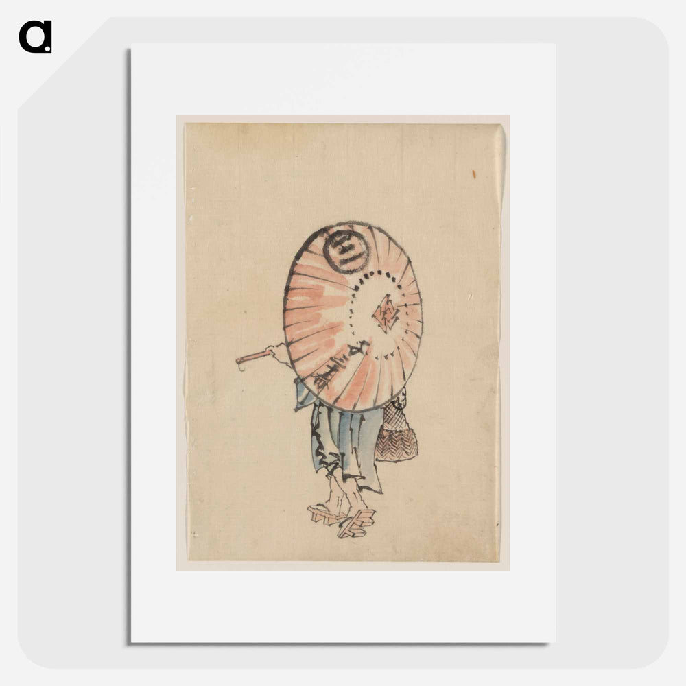 A person walking to the left, mostly obscured by an open parasol carried over the shoulder, wearing kimono and geta, and carrying a bag in right hand by Katsushika Hokusai - 葛飾 北斎 Poster.