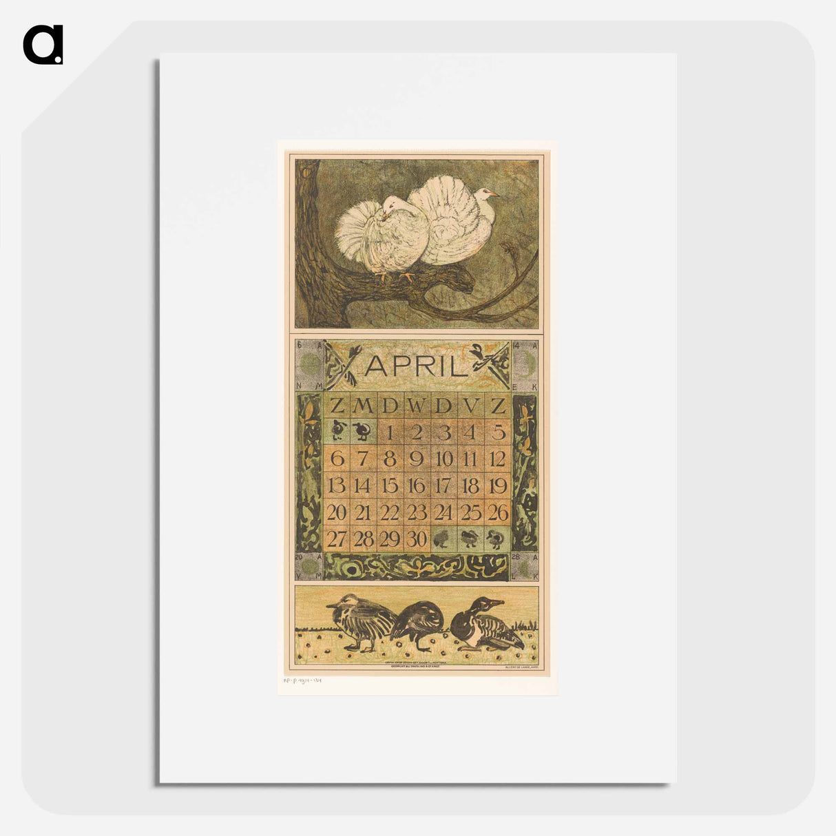 Calendar for April with two duiven - Theo van Hoytema Poster.