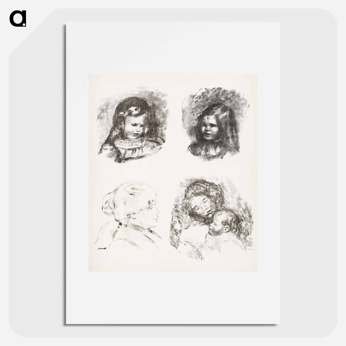 Lithograph of Claude Renoir, Head Lowered, Claude Renoir, Turned to the Left, Berthe Morisot, and Maternity, large plate - Pierre-Auguste Renoir Poster.