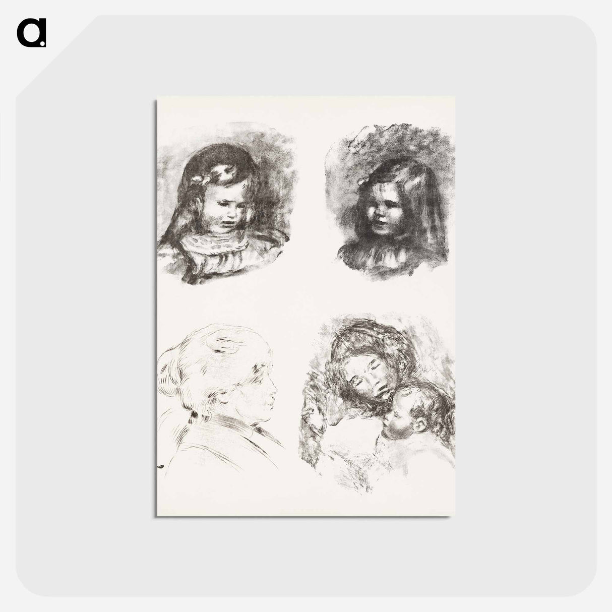 アートポストカード-Lithograph of Claude Renoir, Head Lowered, Claude Renoir, Turned to the Left, Berthe Morisot, and Maternity, large plate - ピエール オーギュスト ルノワール Postcard.