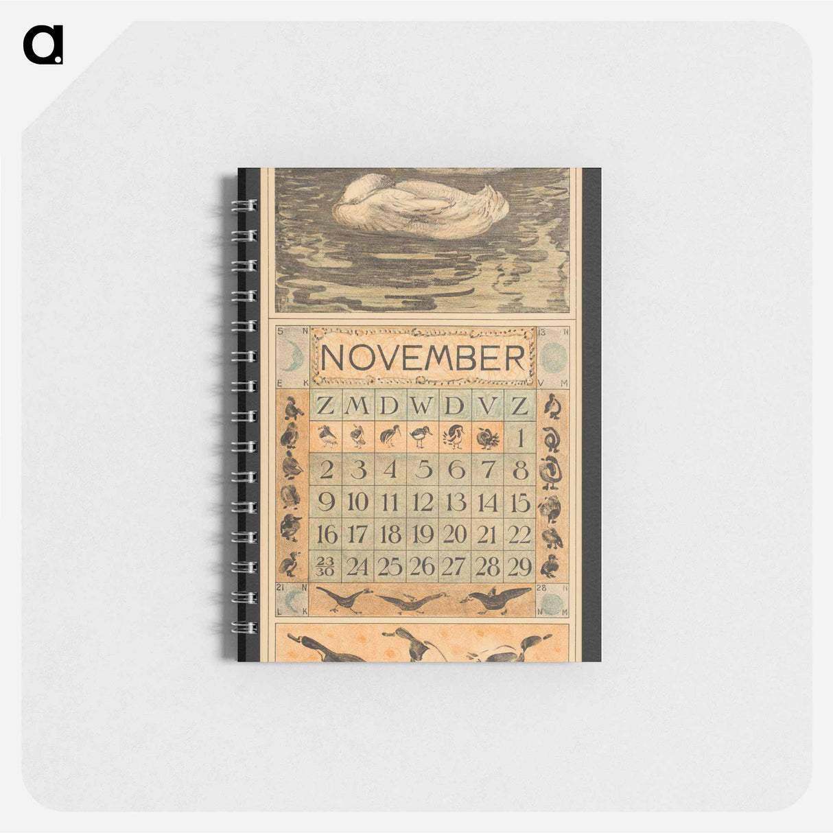 Kalenderblad voor november 1913 met drie op het water slapende eenden - テオ ヴァン ホイテマ Memo.