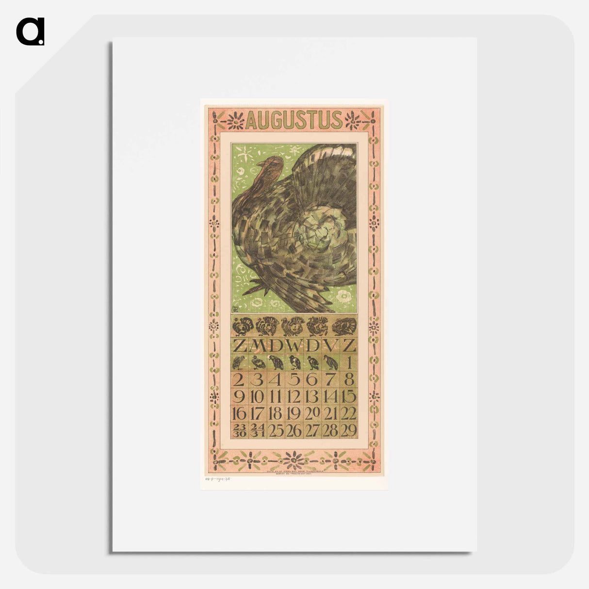 Kalenderblad augustus met kalkoen - テオ ヴァン ホイテマ Poster.
