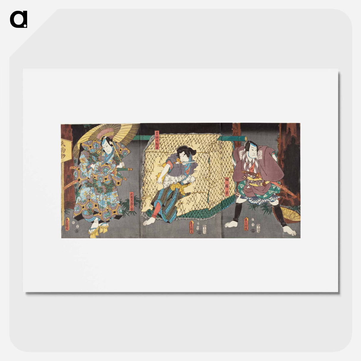 アートポスター-Actors in the Roles of Yoshida no Matsuwaka, Ōtomo Hitachinosuke, and Yakko Kajihira
- 歌川 国貞 Poster.