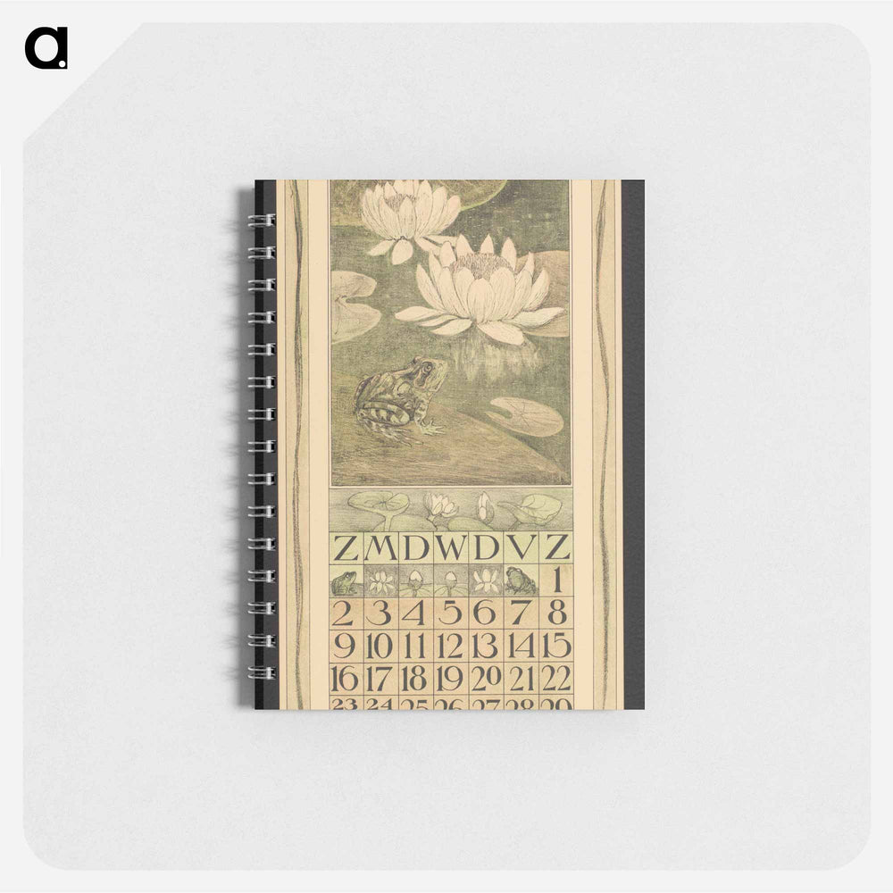 Kalenderblad voor juli met een kikker en waterlelies by Theo van Hoytema - テオ ヴァン ホイテマ Memo.