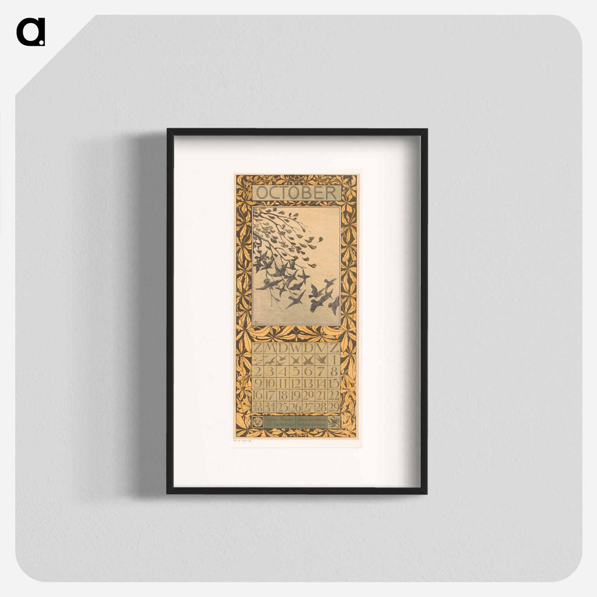 Calendar October with bladeren and vogels - Theo van Hoytema Poster.