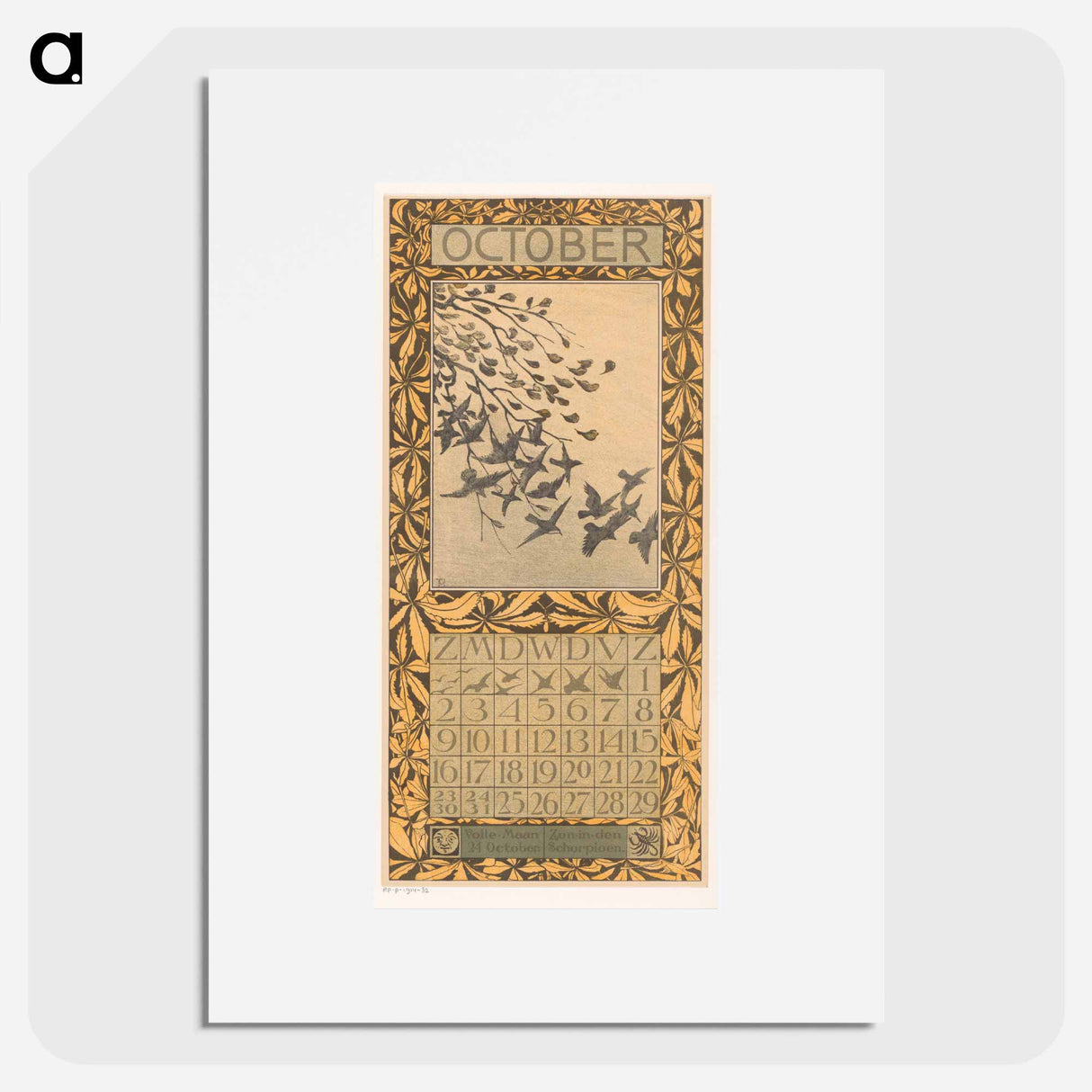 Calendar October with bladeren and vogels - Theo van Hoytema Poster.