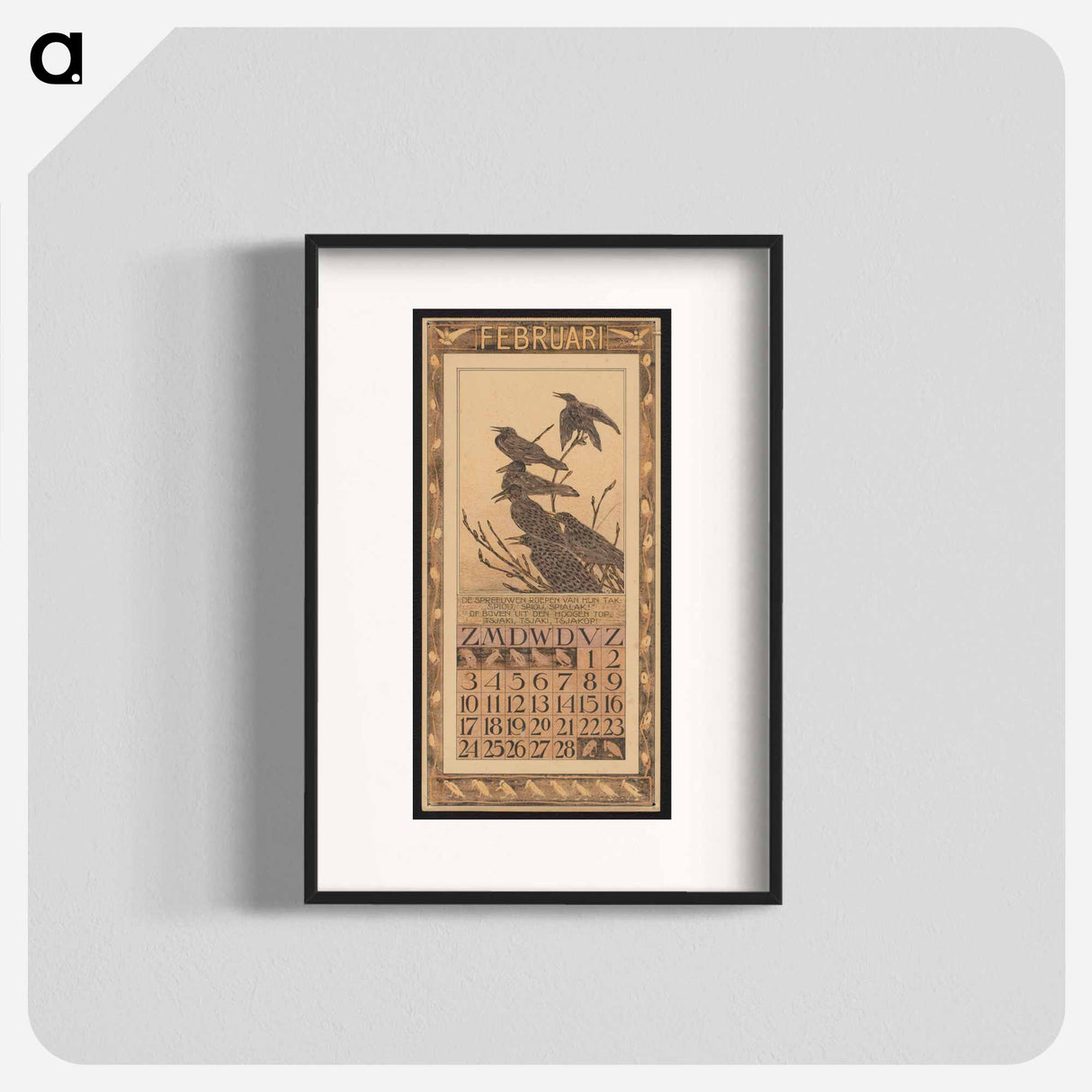 Calendar for February 1907 with spreeuwen - Theo van Hoytema Poster.