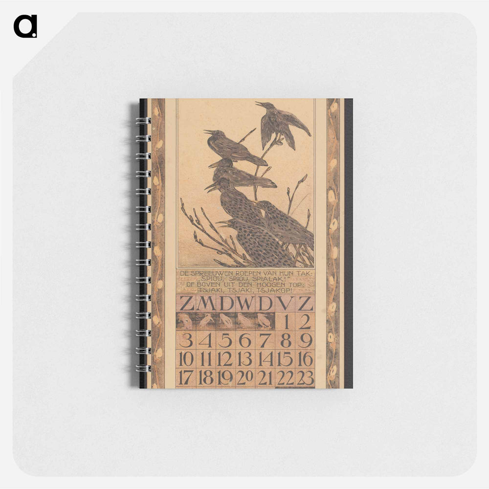 Kalenderblad voor februari 1907 met spreeuwen - テオ ヴァン ホイテマ Memo.