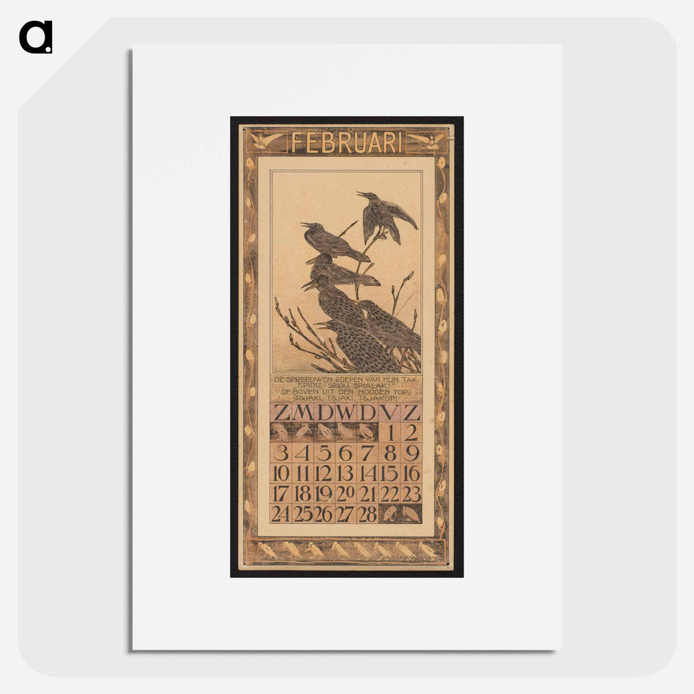 Calendar for February 1907 with spreeuwen - Theo van Hoytema Poster.