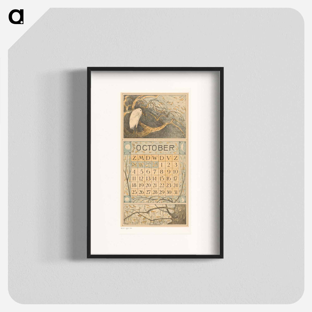 Calendar October met reiger in de regen - Theo van Hoytema Poster.