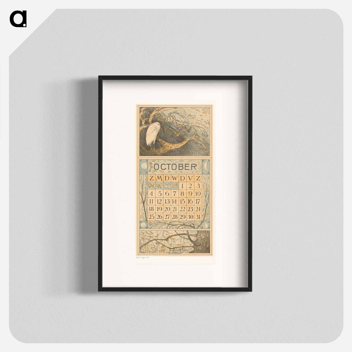 Calendar October met reiger in de regen - Theo van Hoytema Poster.