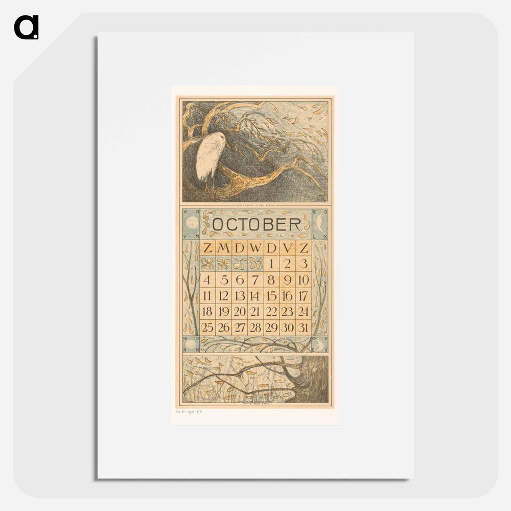 Calendar October met reiger in de regen - Theo van Hoytema Poster.