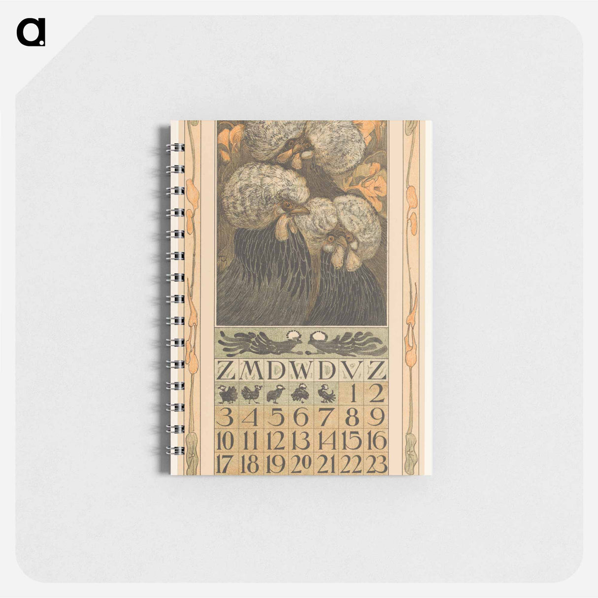 Kalenderblad juli met drie kuifkippen - テオ ヴァン ホイテマ Memo.