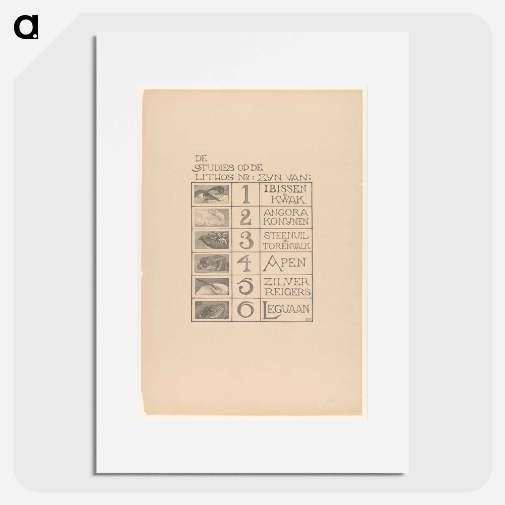 Inhoudsopgave van de portefeuille Dierstudies by Theo van Hoytema - Theo van Hoytema Poster.