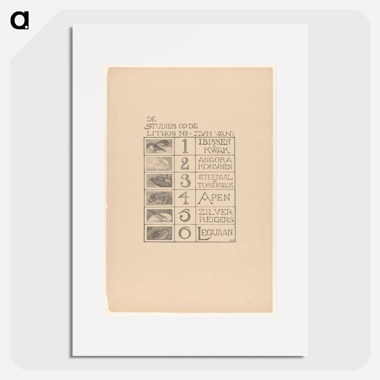Inhoudsopgave van de portefeuille Dierstudies by Theo van Hoytema - Theo van Hoytema Poster.