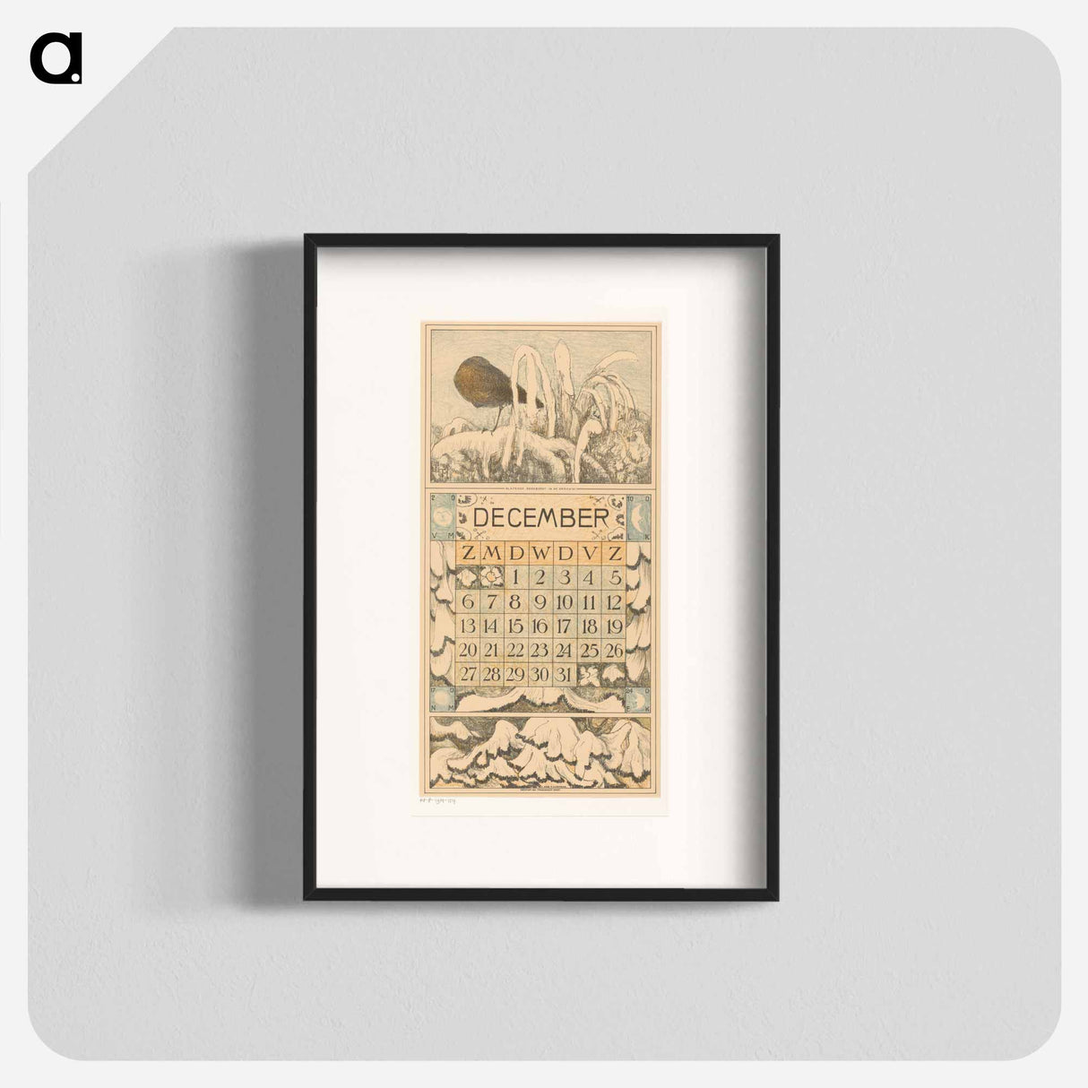 Calendar December with slapend roodborstje - Theo van Hoytema Poster.