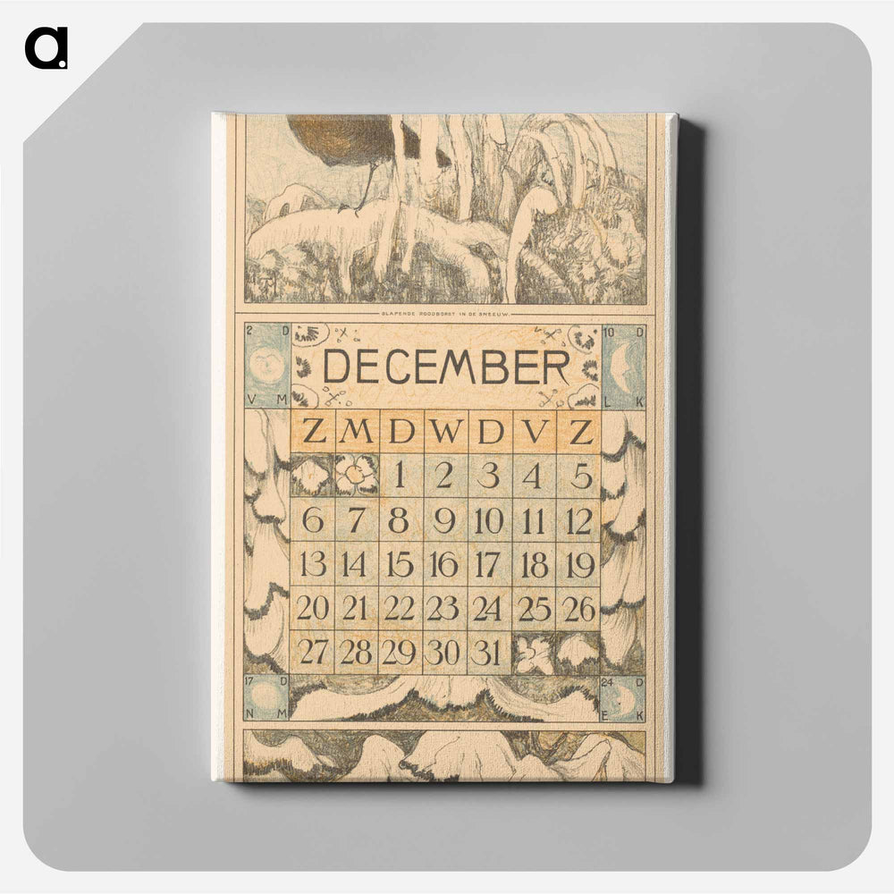 Calendar december with slapend roodborstje - Theo van Hoytema Canvas.