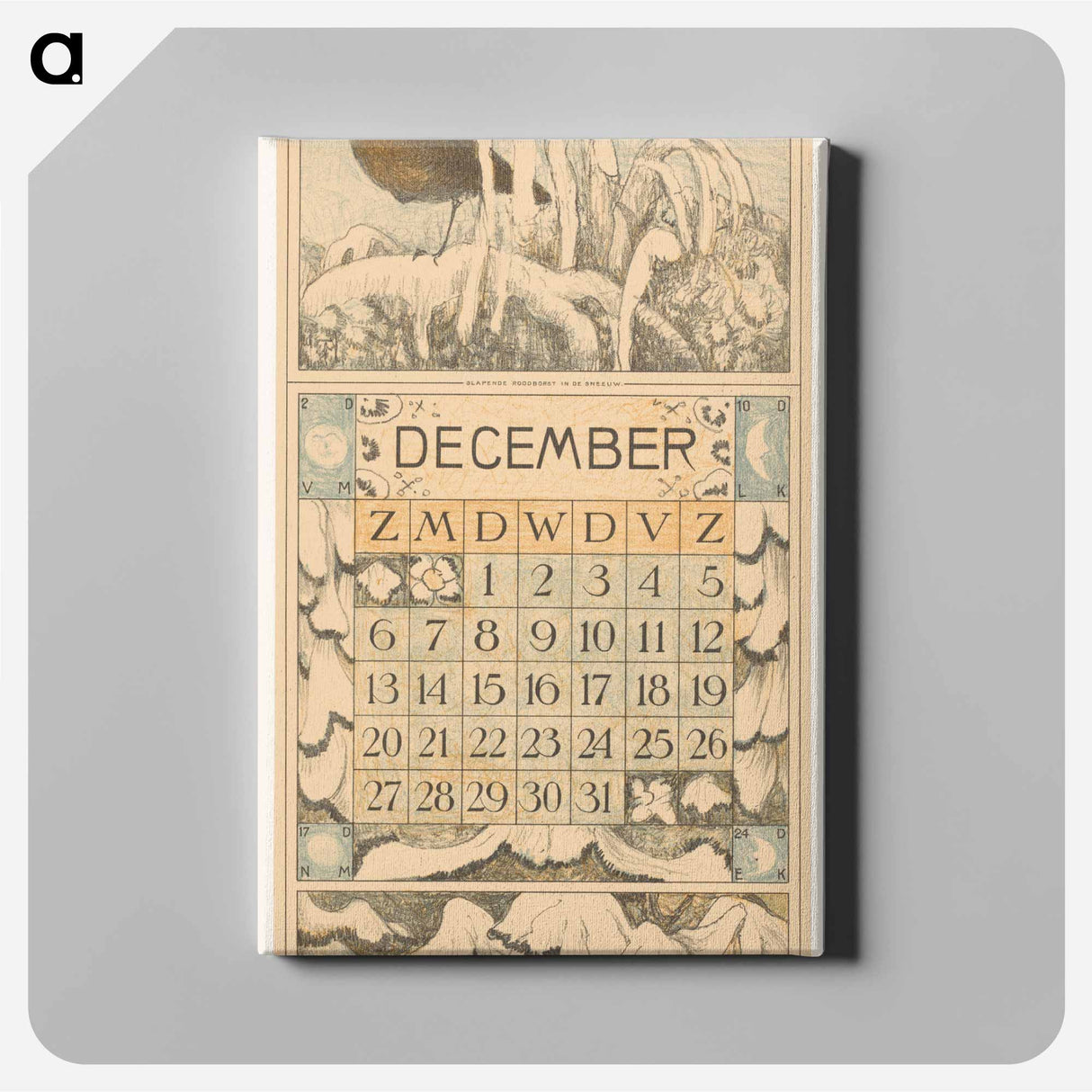 Calendar december with slapend roodborstje - Theo van Hoytema Canvas.