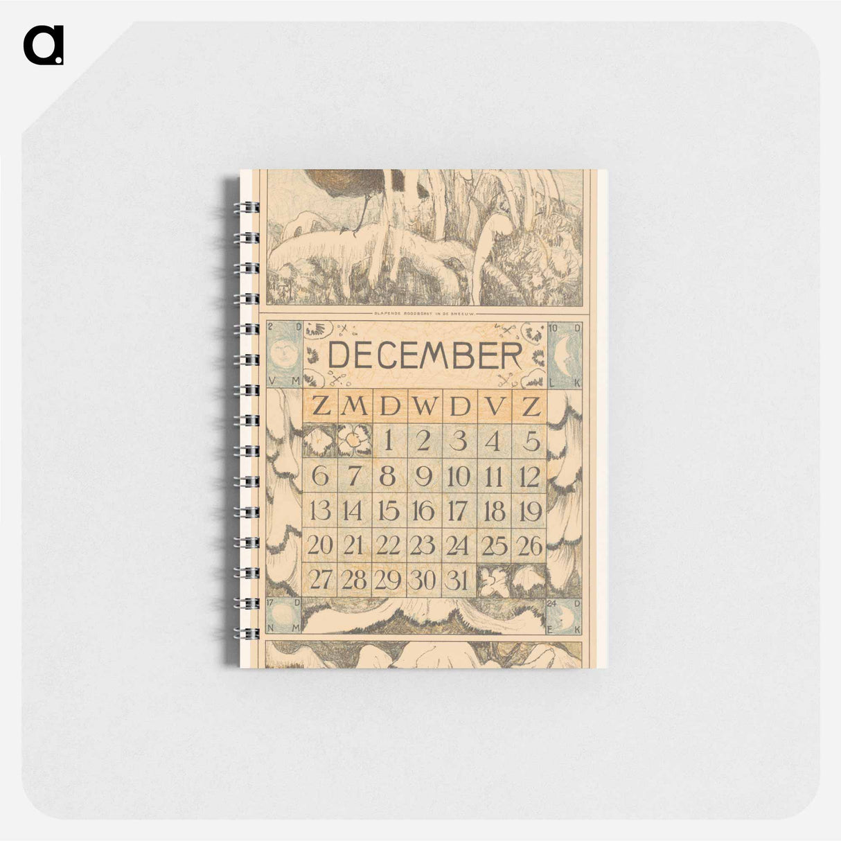 Kalenderblad december met slapend roodborstje - テオ ヴァン ホイテマ Memo.