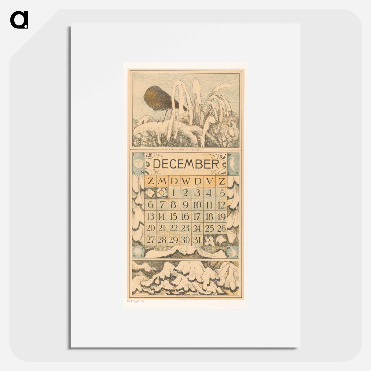 Calendar December with slapend roodborstje - Theo van Hoytema Poster.