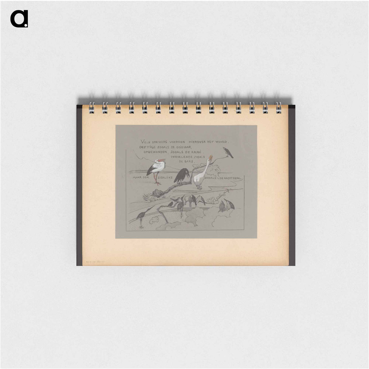 Tekstblad met vogels, onder andere roerdomp, gans, ooievaar en kraai - テオ ヴァン ホイテマ Memo.