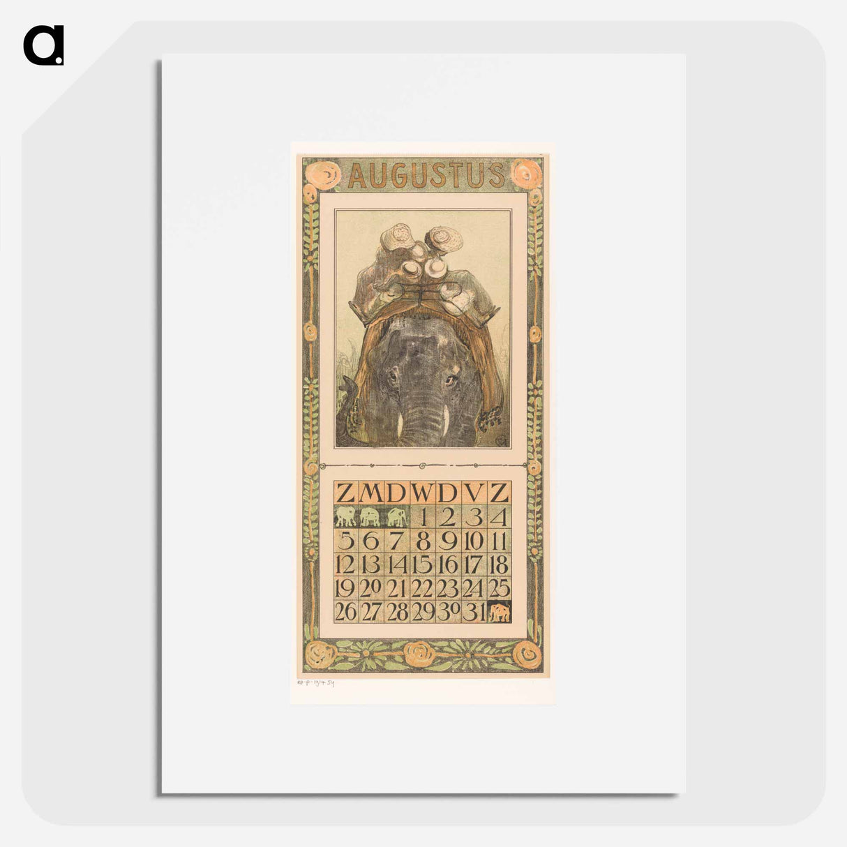 Kalenderblad augustus met olifant - テオ ヴァン ホイテマ Poster.