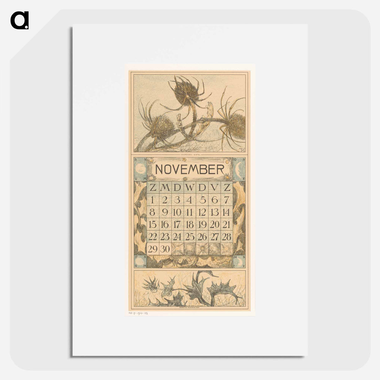 Kalenderblad november met distel - テオ ヴァン ホイテマ Poster.
