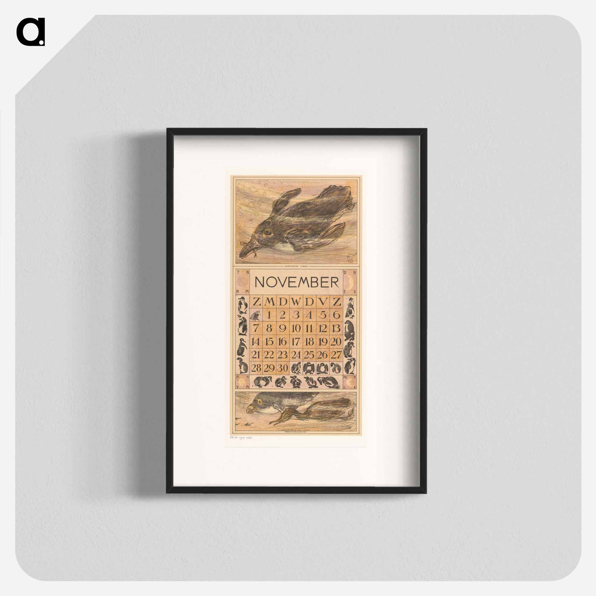 Calendar November with zwemmende pinguïn - Theo van Hoytema Poster.