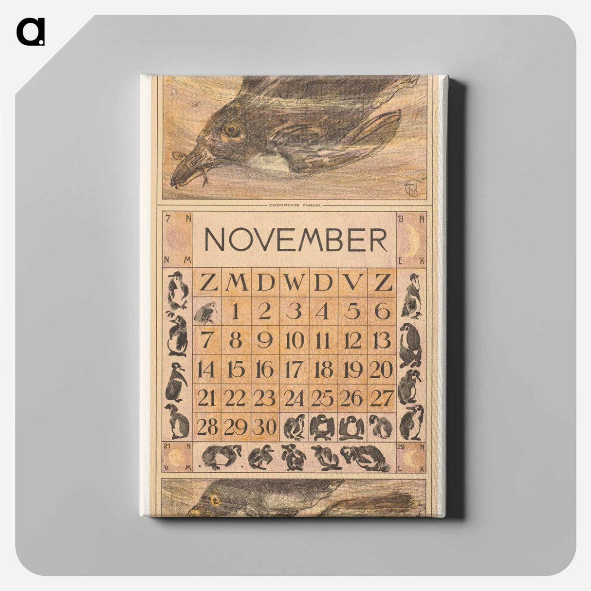 Calendar November with zwemmende pinguïn - Theo van Hoytema Canvas.